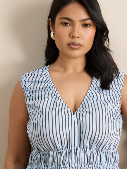 Live Unlimited Curve Stripe V-Neck Elasticated Peplum Top, Blue - view 2, Blue