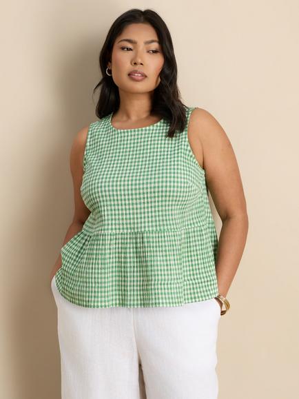 Live Unlimited Curve Gingham Peplum Top, Green, Green
