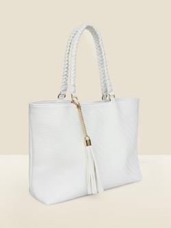Sosandar Textured Tassel Detail Braided Strap Tote Bag, White - view 2, White