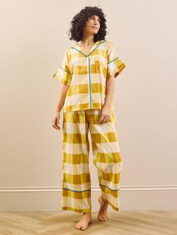 Their Nibs Oversized Button Through Check Long Cotton Seersucker Pyjama Set, Yellow, Yellow