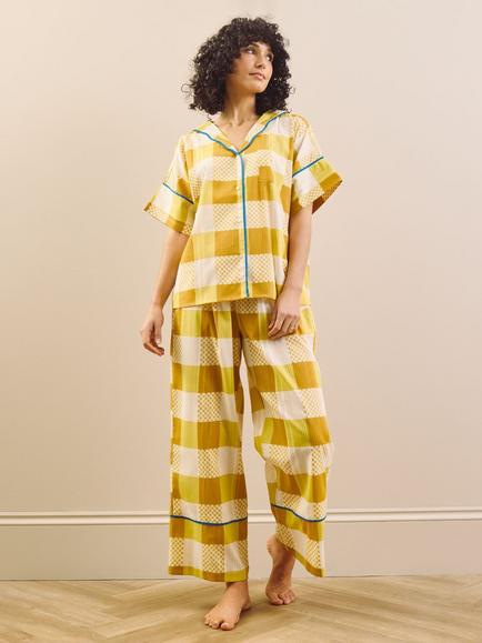 Their Nibs Oversized Button Through Check Long Cotton Seersucker Pyjama Set, Yellow, Yellow