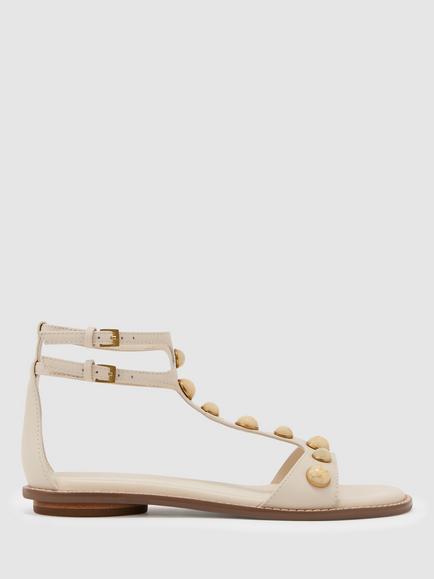 Reiss Elodie Leather Studded Flat Strappy Sandals, Off White, Off White