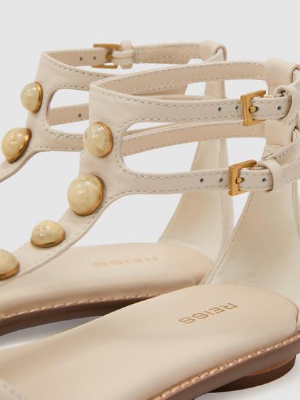 Reiss Elodie Leather Studded Flat Strappy Sandals, Off White - view 2, Off White