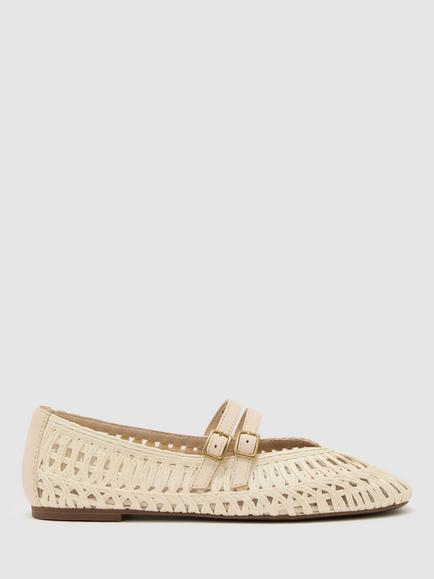 Reiss Elizabeth Woven Rattan Double Strap Ballerina Flats, Off White, Off White