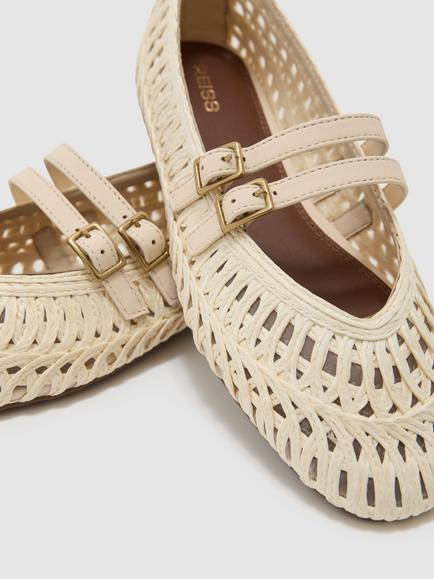 Reiss Elizabeth Woven Rattan Double Strap Ballerina Flats, Off White - view 2, Off White