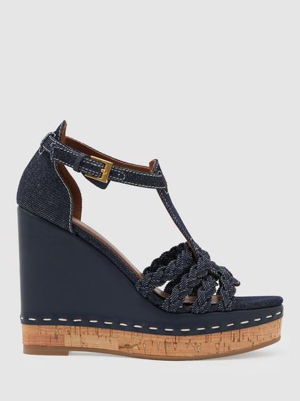 Reiss Frances Leather Plaited Strap Wedge Heel Sandals, Blue, Blue