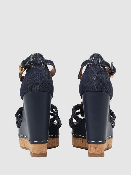 Reiss Frances Leather Plaited Strap Wedge Heel Sandals, Blue - view 2, Blue