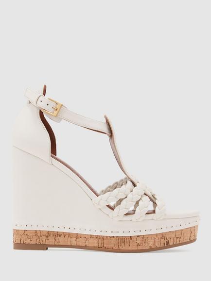 Reiss Frances Leather Plaited Strap Wedge Heel Sandals, White, White