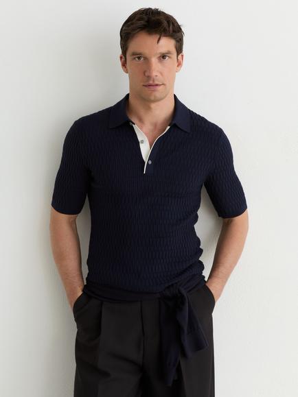 Reiss Era Textured Knit Short Sleeve Half Button Polo Shirt, Navy, Navy