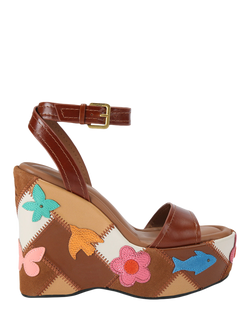 Kurt Geiger London Patchwork Leather Platform Wedge Heel Sandals, Brown, Brown