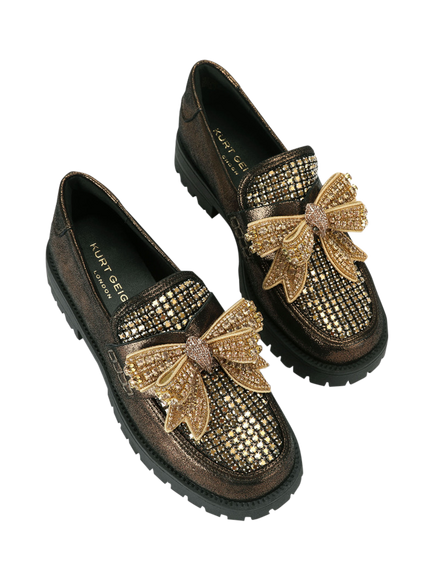 Kurt Geiger London Bow Crystal Embellished Leather Loafers, Bronze - view 2, Bronze