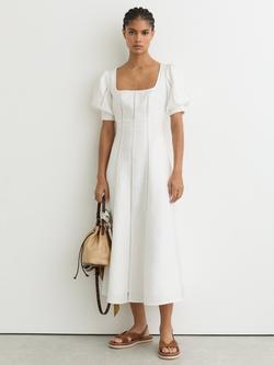 Reiss Riva Linen Puff Sleeve Embroidered Midi Dress, Ivory, Ivory