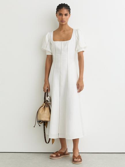 Reiss Riva Linen Puff Sleeve Embroidered Midi Dress, Ivory, Ivory