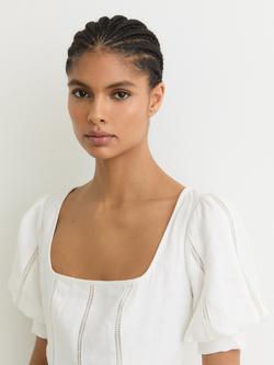 Reiss Riva Linen Puff Sleeve Embroidered Midi Dress, Ivory - view 2, Ivory