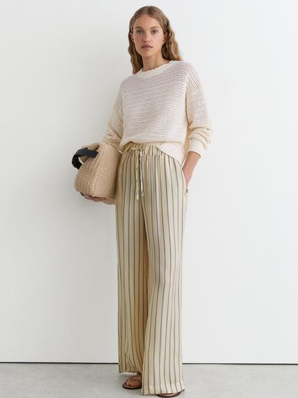 Reiss Minnie Linen Striped Wide Leg Trousers, Neutral/Navy