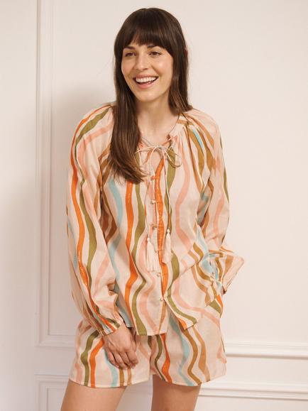Their Nibs Rainbow Waves Button Through Short Cotton Voile Pyjama Set, Natural - view 2, Natural