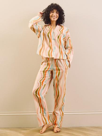 Their Nibs Rainbow Waves Button Through Long Cotton Voile Pyjama Set, Natural, Natural