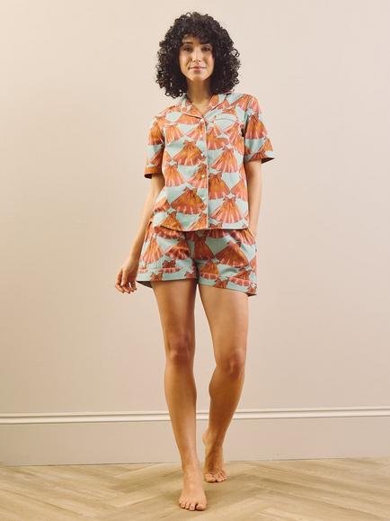 Their Nibs Turning Tides Button Through Short Cotton Pyjama Set, Aqua, Aqua