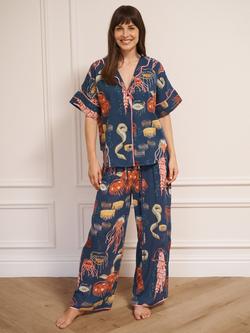 Their Nibs Ocean Dreaming Oversized Button Through Long Cotton Pyjama Set, Navy, Navy