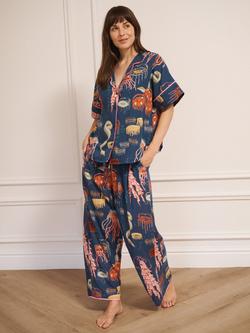 Their Nibs Ocean Dreaming Oversized Button Through Long Cotton Pyjama Set, Navy - view 2, Navy