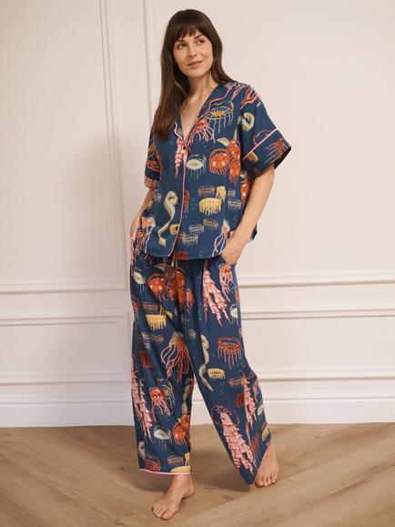 Their Nibs Ocean Dreaming Oversized Button Through Long Cotton Pyjama Set, Navy - view 2, Navy