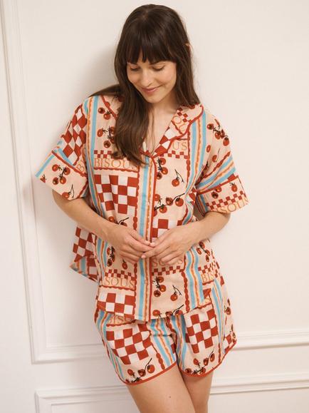 Their Nibs Tomato Kiss Button Through Short Cotton Voile Pyjama Set, Pink, Pink