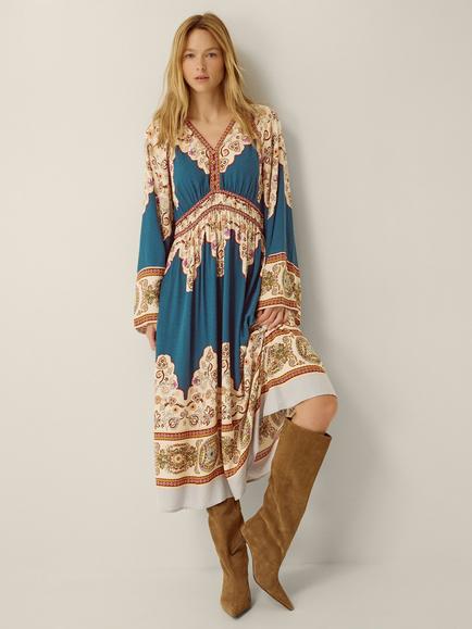 Monsoon Alexandra Floral A-Line Midi Dress containing LENZING™ ECOVERO™ Viscose, Teal, Teal