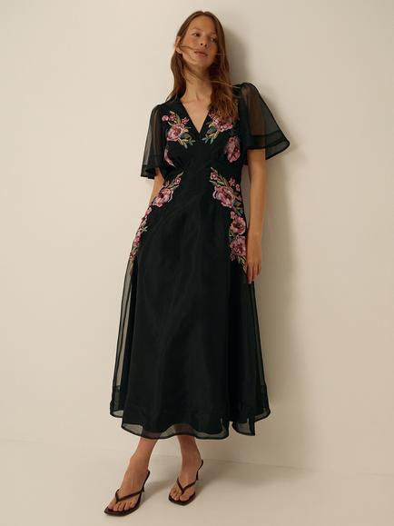 Monsoon Felicity Floral Embroidered Fit and Flare Midi Dress, Black, Black