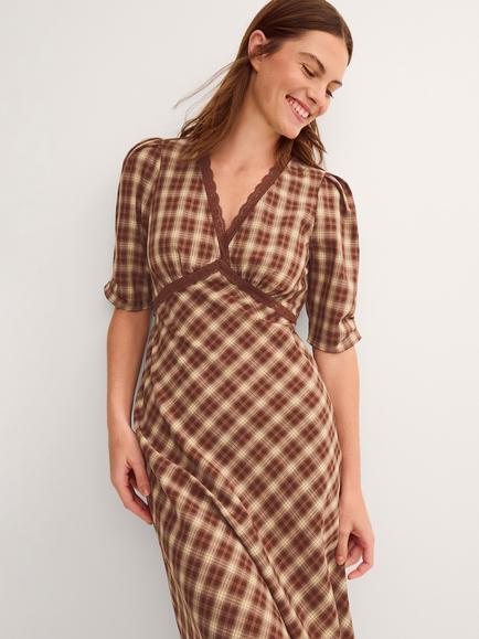 Monsoon Frankie Check A-Line Midi Dress, Brown, Brown