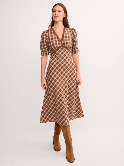 Monsoon Frankie Check A-Line Midi Dress, Brown - view 2, Brown