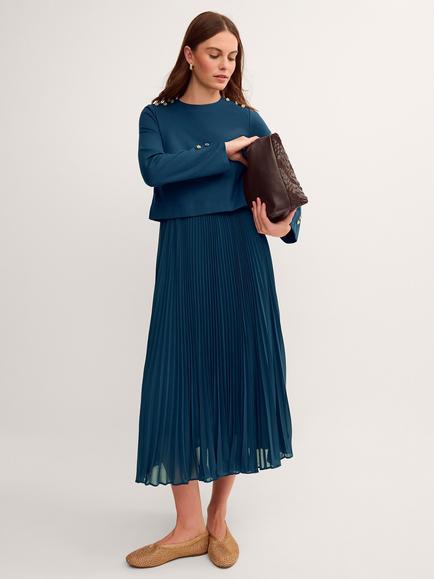 Monsoon Penny Pleat Fit and Flare Midi Dress, Teal, Teal