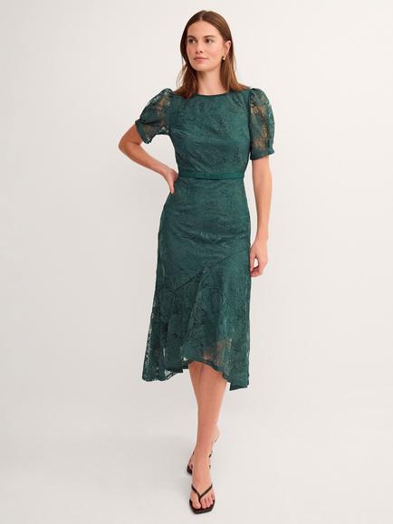 Monsoon Megan Lace A-Line Midi Dress, Dark Green, Dark Green