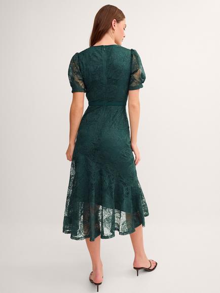 Monsoon Megan Lace A-Line Midi Dress, Dark Green - view 2, Dark Green