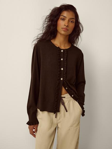 Monsoon Ruby Ruffle Cardigan containing LENZING™ ECOVERO™ Viscose, Chocolate, Chocolate