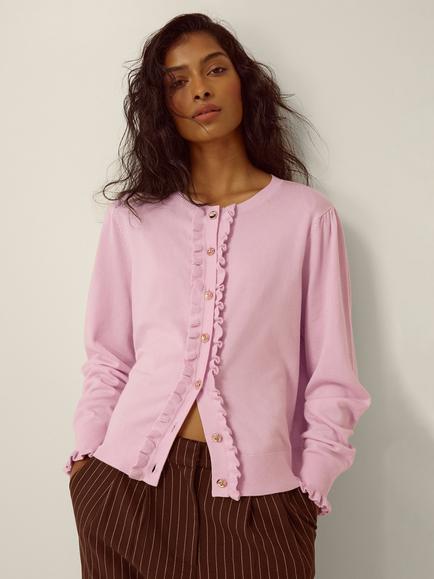 Monsoon Ruby Ruffle Cardigan containing LENZING™ ECOVERO™ Viscose, Chocolate, Pink