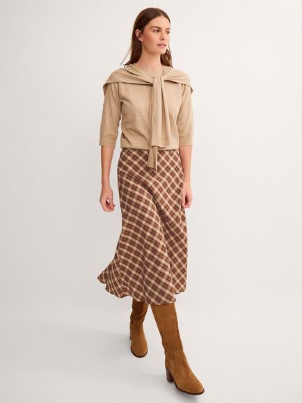 Monsoon Frankie Check A-Line Midi Skirt, Brown, Brown