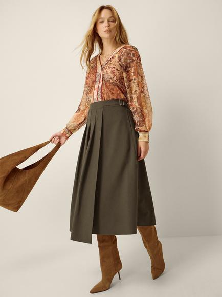 Monsoon Jillian Kilt A-Line Midi Skirt, Khaki - view 2, Khaki