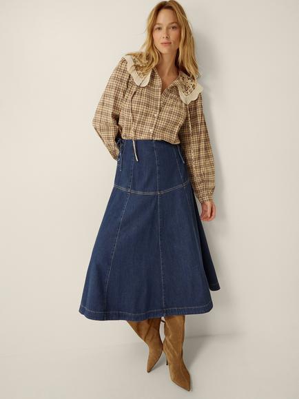 Monsoon Macy Cotton Rich A-Line Midi Skirt, Mid Authentic Blue, Mid Authentic Blue