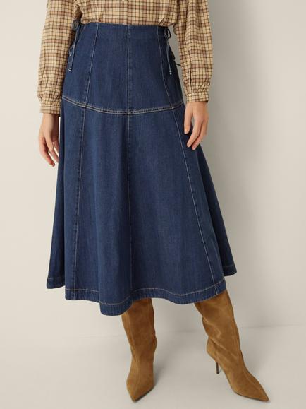 Monsoon Macy Cotton Rich A-Line Midi Skirt, Mid Authentic Blue - view 2, Mid Authentic Blue