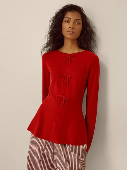 Monsoon Paula Peplum Bow Jumper, Red, Red