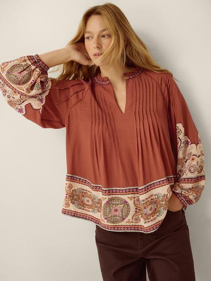 Monsoon Alexandra Floral Long Sleeve V-Neck Top containing LENZING™ ECOVERO™ Viscose, Brown, Brown