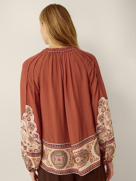 Monsoon Alexandra Floral Long Sleeve V-Neck Top containing LENZING™ ECOVERO™ Viscose, Brown - view 2, Brown