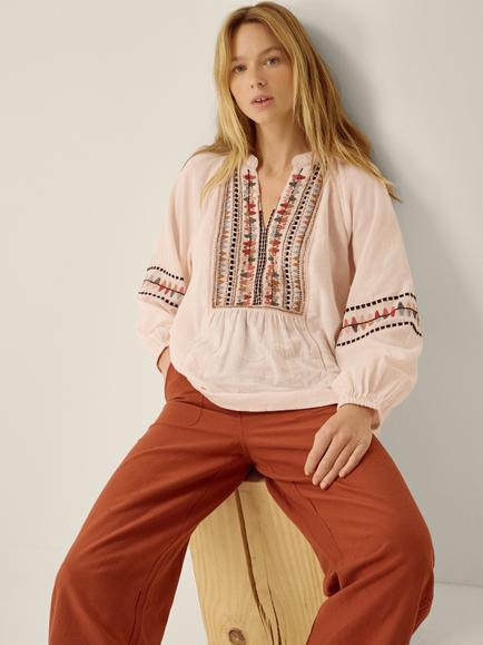Monsoon Aoife Embroidered Cotton V-Neck Long Sleeve Top, Blush, Blush