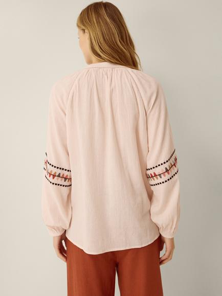 Monsoon Aoife Embroidered Cotton V-Neck Long Sleeve Top, Blush - view 2, Blush