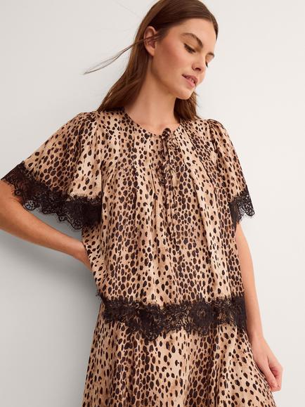 Monsoon Babette Lace Animal Short Sleeve Top containing LENZING™ ECOVERO™ Viscose, Brown - view 2, Brown
