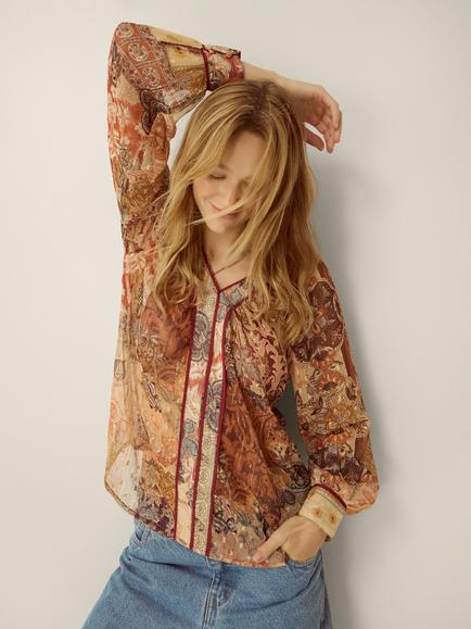 Monsoon Evelina Floral V-Neck Top, Brown, Brown