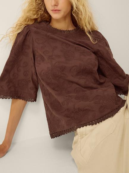 Monsoon Sabine Embroidered Top, Brown, Brown