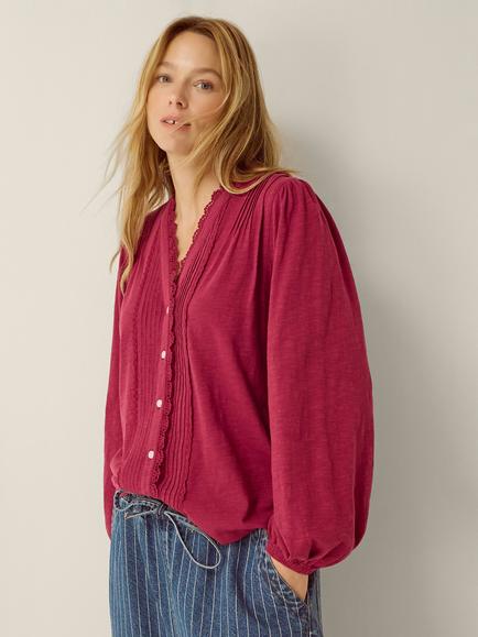 Monsoon Jenny Cotton V-Neck Long Sleeve Top, Burgundy, Burgundy