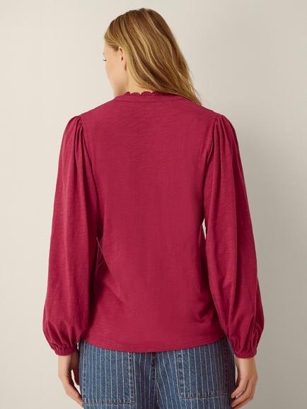 Monsoon Jenny Cotton V-Neck Long Sleeve Top, Burgundy - view 2, Burgundy