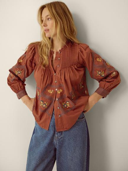 Monsoon Sadie Floral Embroidered Top, Rust, Rust
